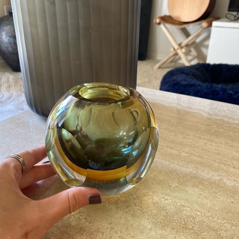 Murano Glass Vase Vintage Sommerso MCM 1960 Vase Amber Blue Heavy Candle Holder
